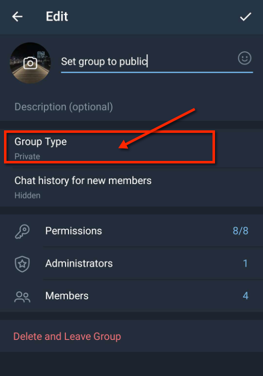 Telegram超级群组修改类型